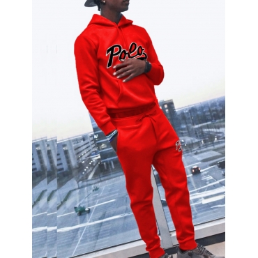 

LW Men Letter Print Drawstring Tracksuit Set, Red