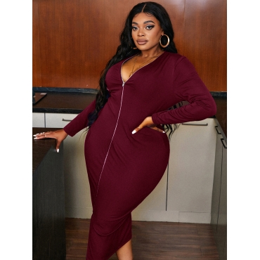 

LW Plus Size V Neck Zipper Design Bodycon Dress, Wine red