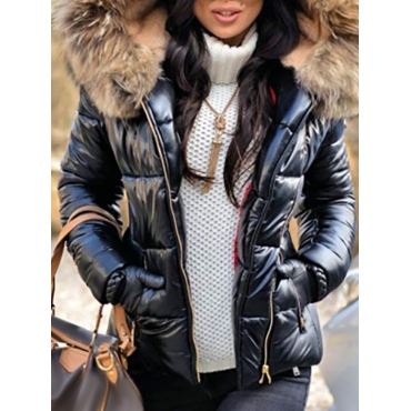 

LW Hooded Collar Imitation Puffer Jacket, Black