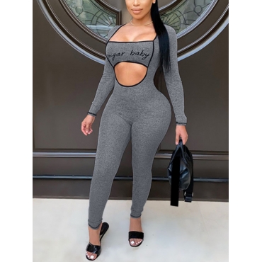 

LW SXY Letter Print Cut Out Jumpsuit, Grey