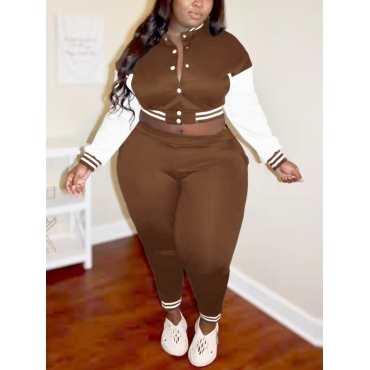 

LW Plus Size Pocket Design Patchwork Tracksuit Set, Coffee