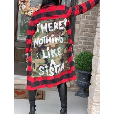 LW Stylish Turndown Collar Grid Print Red Long Trench Coat, lovely, Trench Coats  - buy with discount