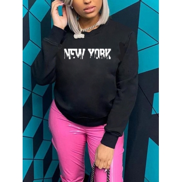 

LW Round Neck Letter Print Sweatshirt, Black