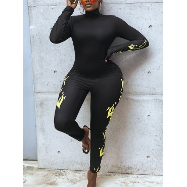 

LW Round Neck Flame Print Skinny Jumpsuit, Black
