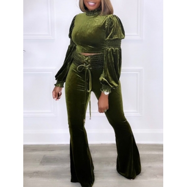 

LW Velvet Lace Up Crop Flared Pants Set, Army green