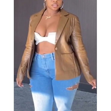 

LW Plus Size Button Pocket Design Leather Jacket, Khaki