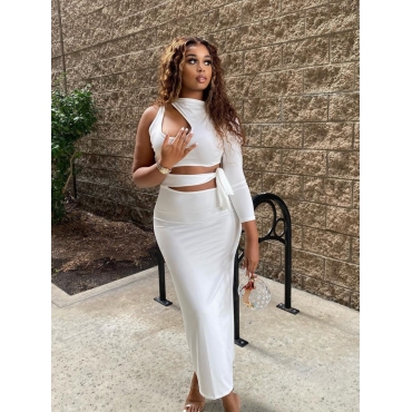 

LW SXY Bandage Hollow-out Design White Ankle Length Dress