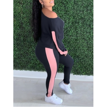 

LW Plus Size Letter Print Striped Pants Set, Black