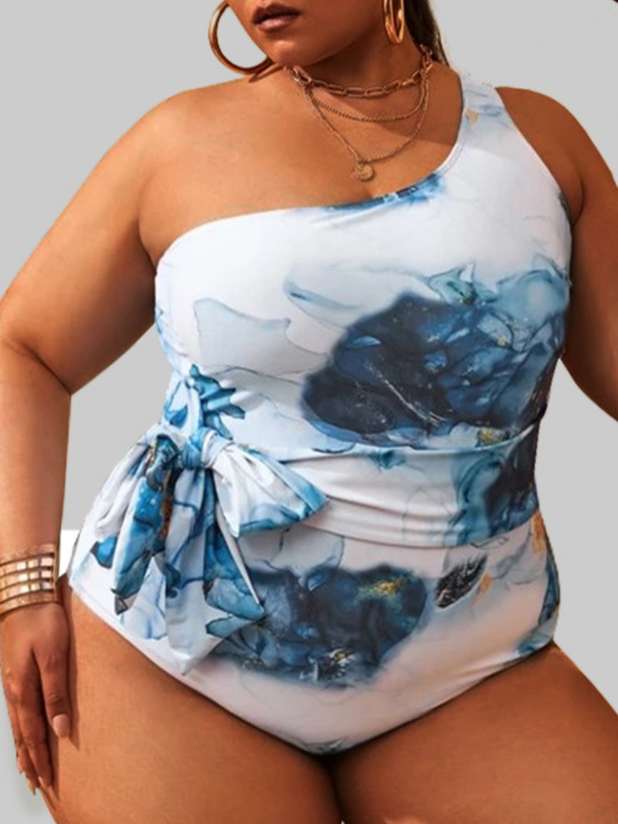 

LW Plus Size One Shoulder Bandage Design One-piece Swimsuit, Blue