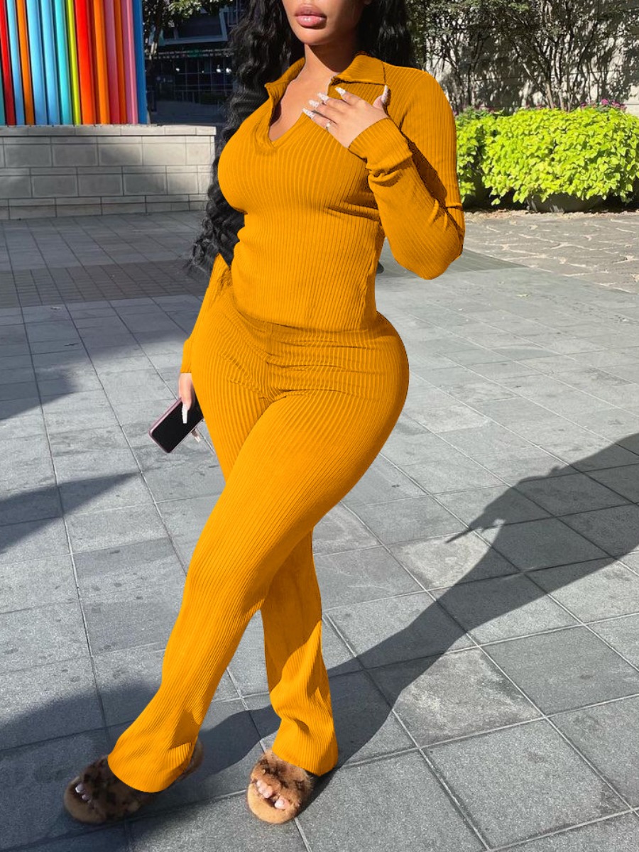 

LW Turndown Collar Rib-Knit Pants Set, Yellow