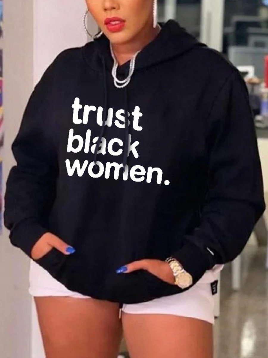 

LW Letter Print Kangaroo Pocket Hoodie, Black