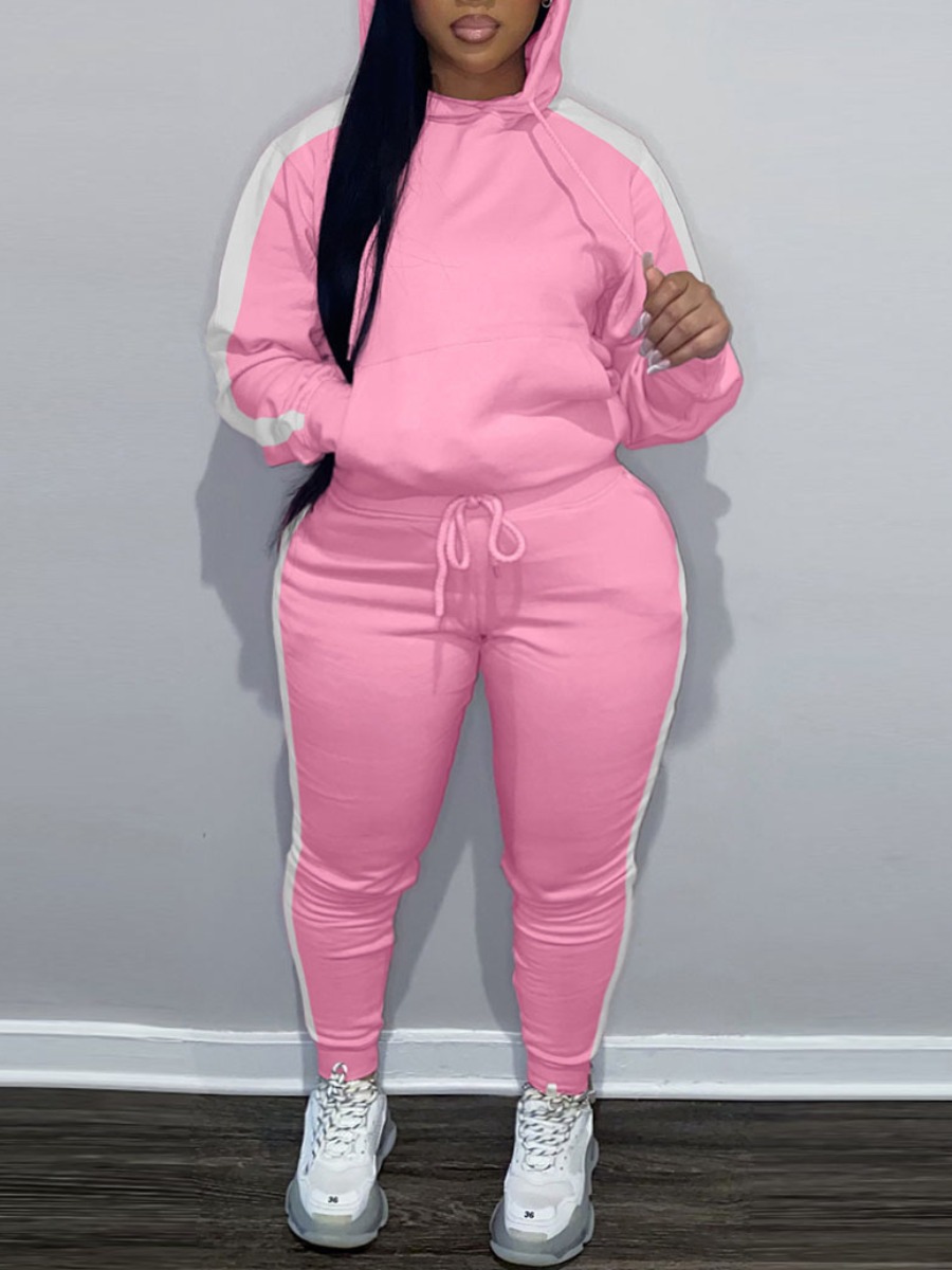 

LW Plus Size Striped Drawstring Tracksuit Set, Pink
