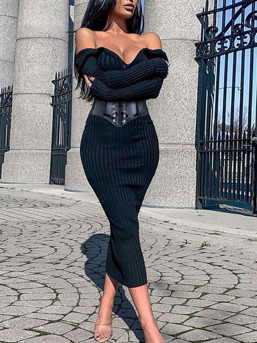 

LW Off Shoulder Knit Solid Bodycon Dress (Without Belt), Black