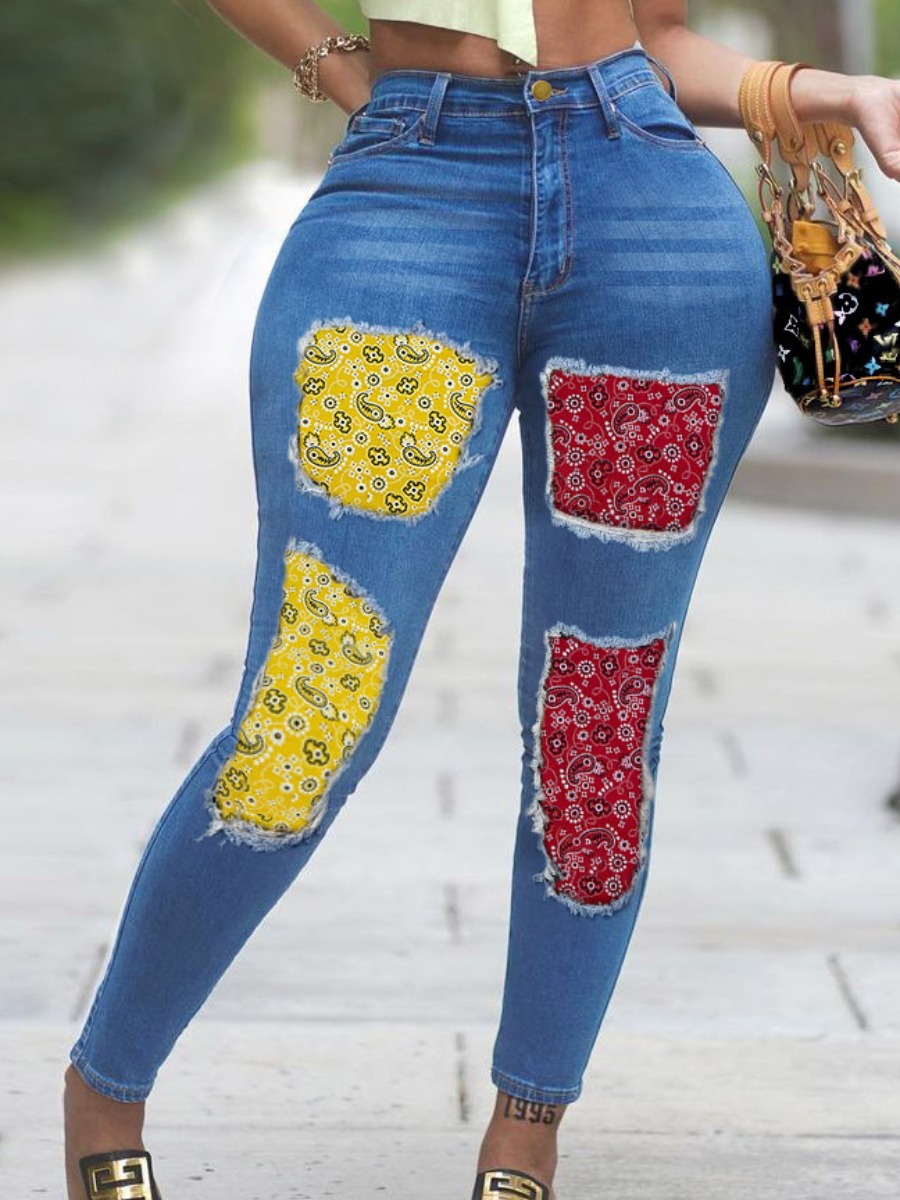 

LW Cashew Print Ripped Jeans, Blue