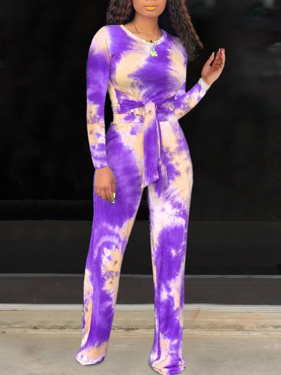 

LW Round Neck Tie-dye Pants Set, Purple