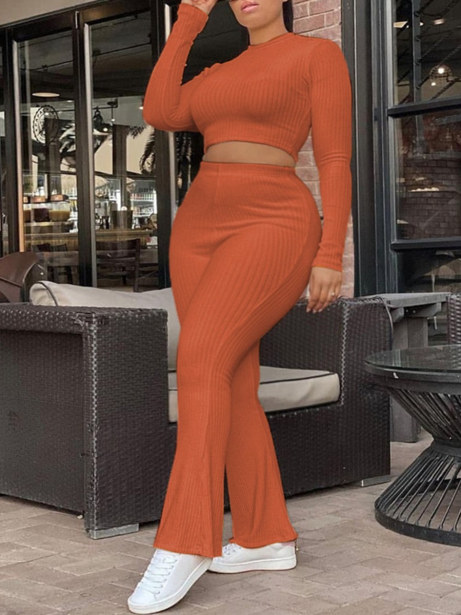 

LW BASICS Plus Size Rib-Knit Flared Pants Set, Brick red