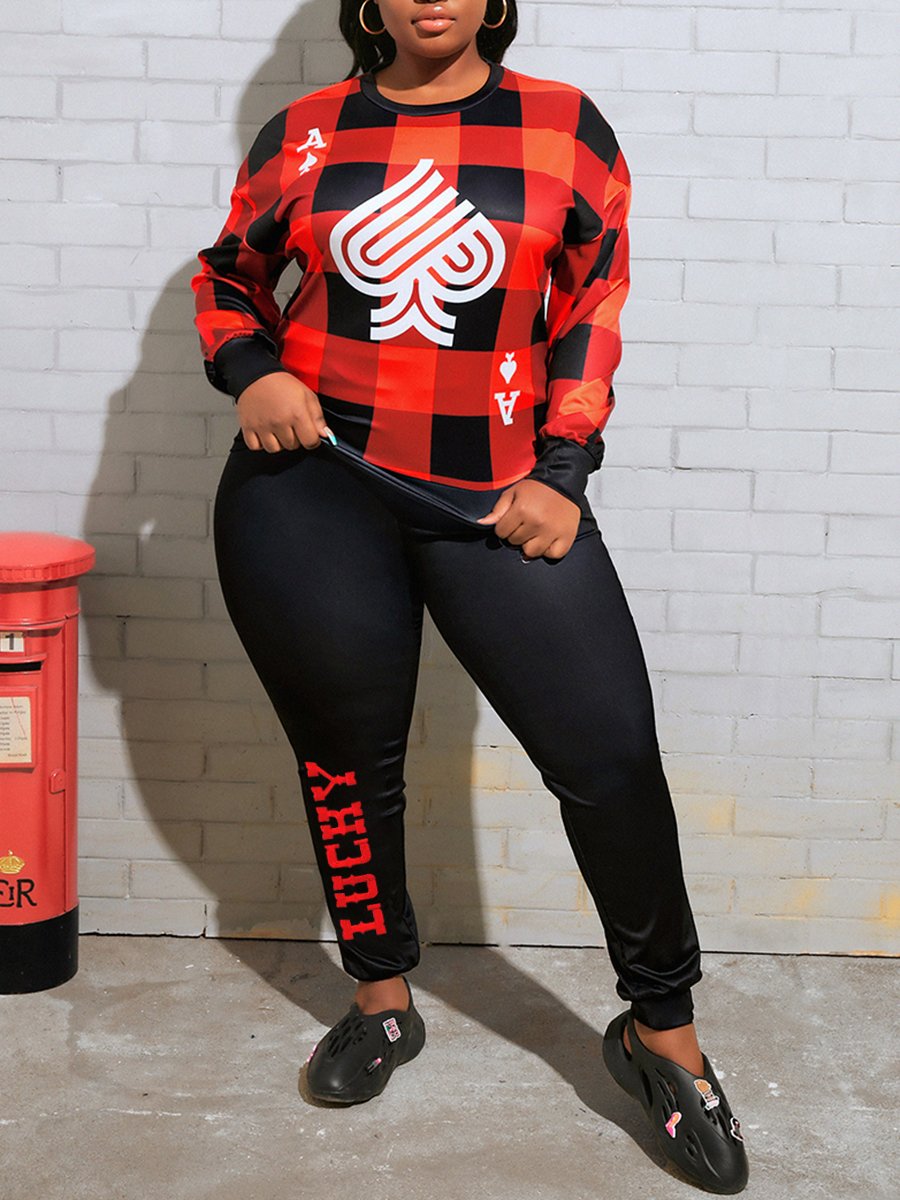 

LW Plus Size Letter Print Plaid Pants Set, Red and black check