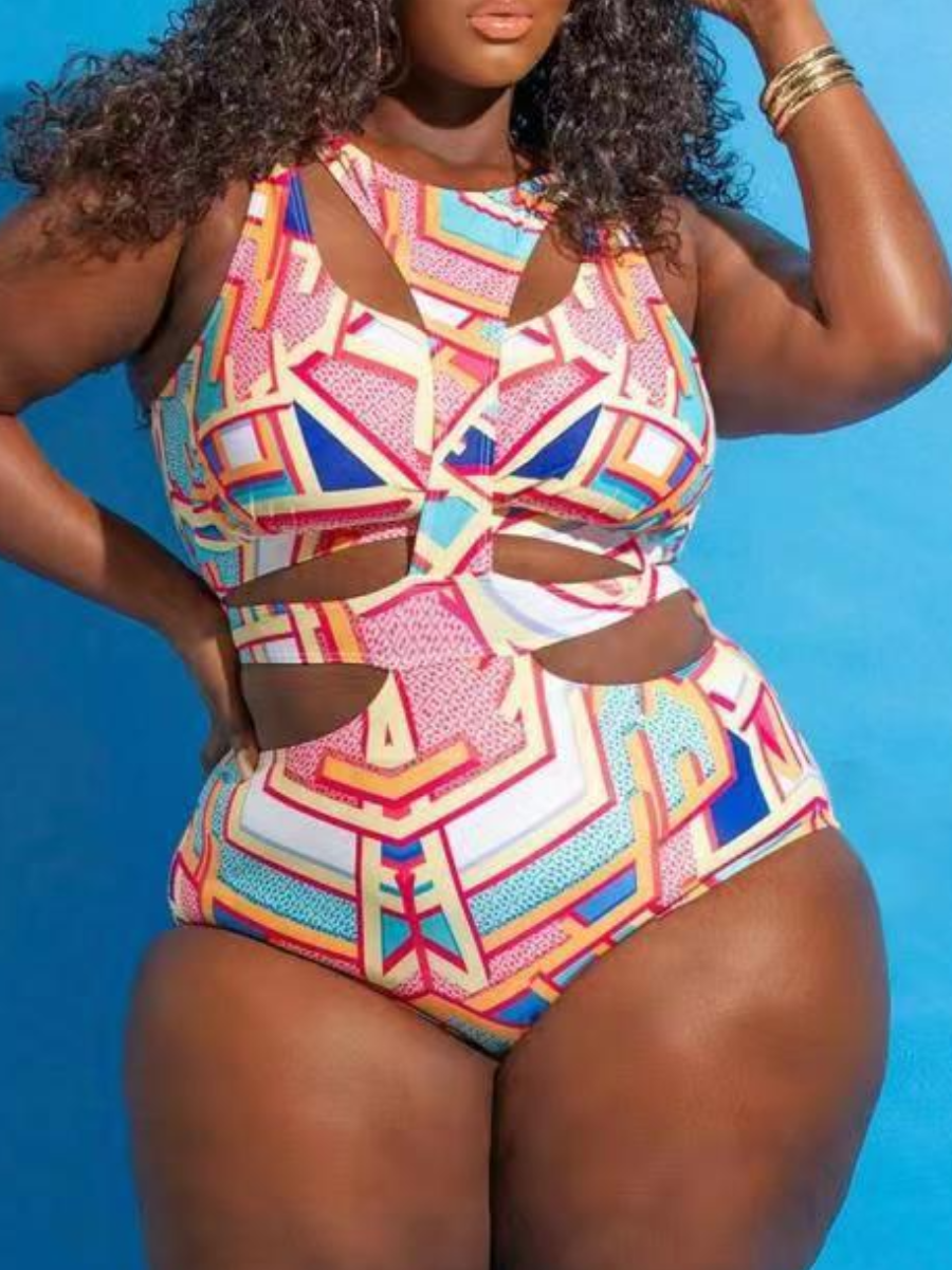 

LW Plus Size Geometric Cut Out One-piece Swimsuit, Pink