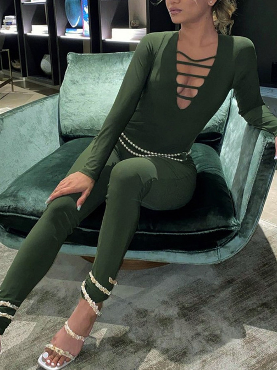 

LW SXY V Neck Bandage Design Skinny Jumpsuit (Without Waist Chain), Green