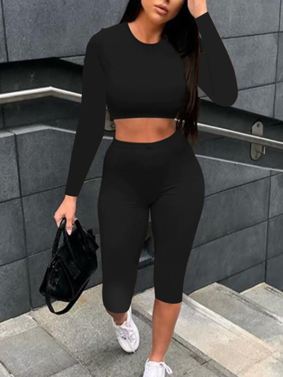 LW BASICS Round Neck Crop Top Shorts Set