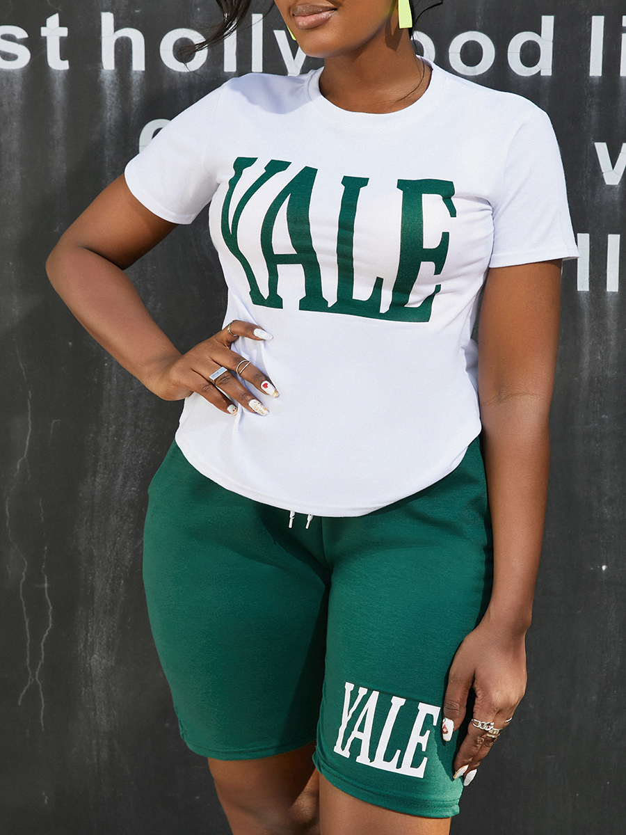 

LW Round Neck Yale Letter Print Shorts Set, Green