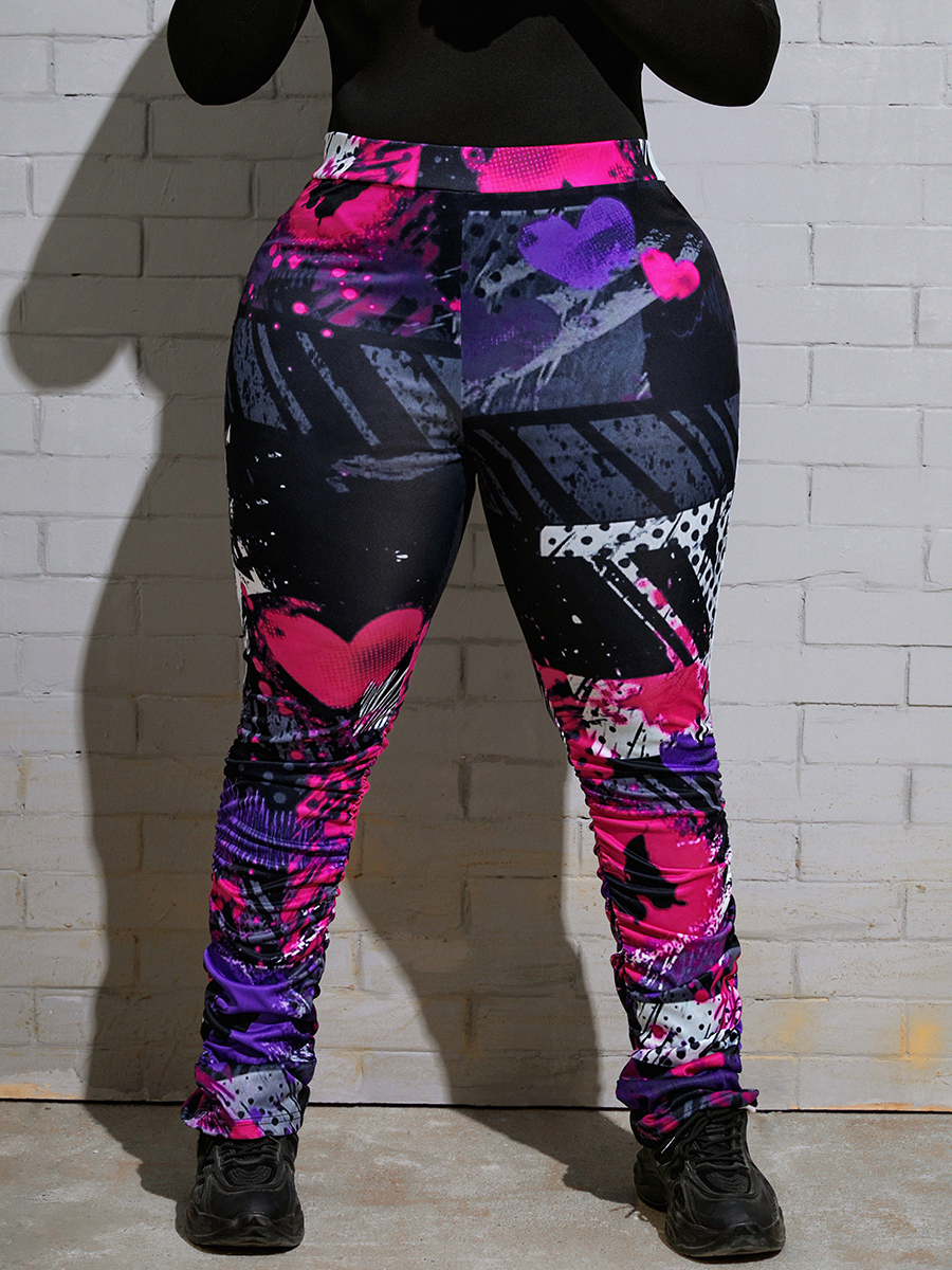 

LW Plus Size Mixed Print Ruched Pants, Black