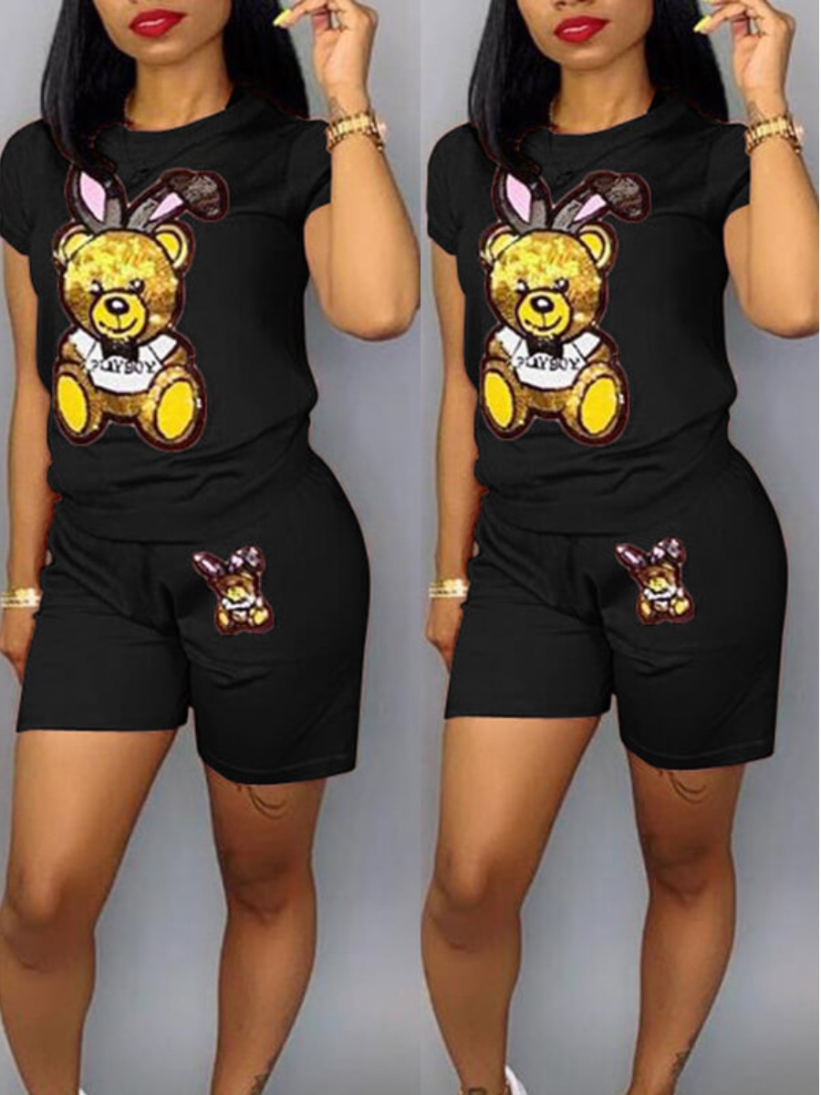 

LW Casual Cartoon Print Black Two-piece Shorts Set