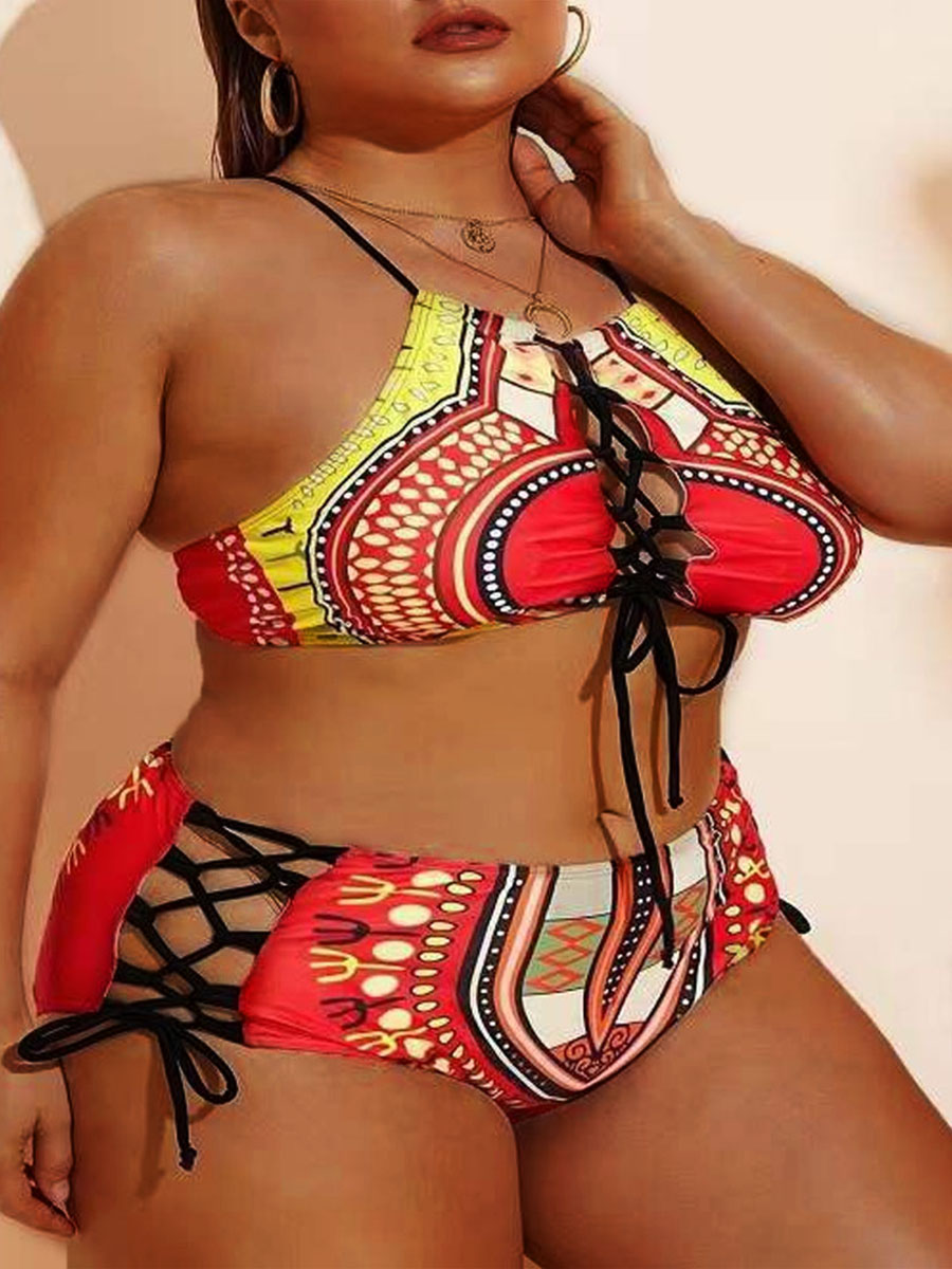 

LW Plus Size Bandage Hollow-out Design Bikini Set, Multi