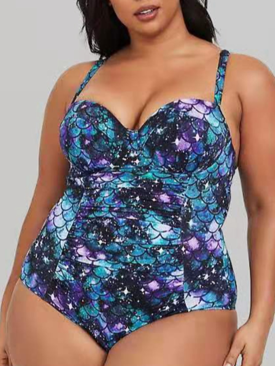 

LW Plus Size Cross Strap Tie-dye One-piece Swimsuit, Blue