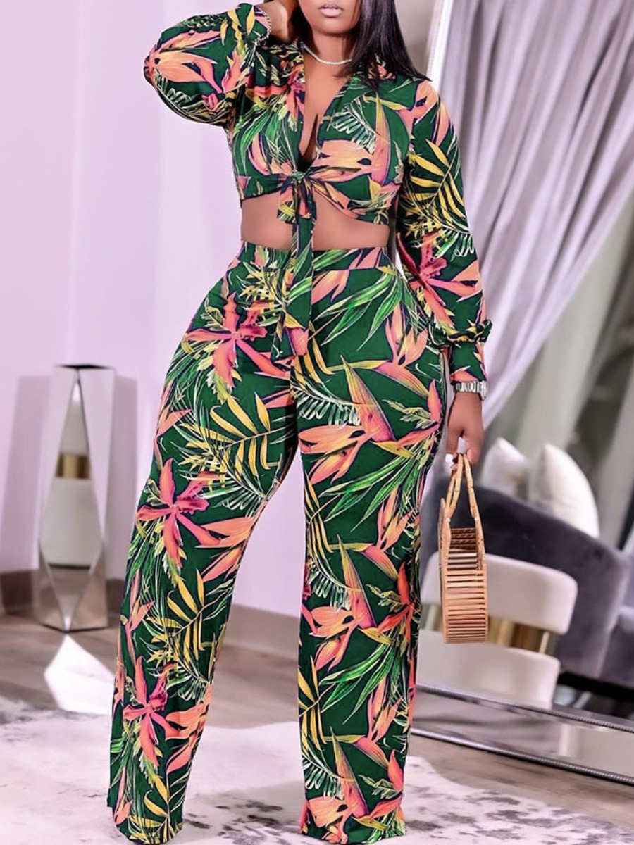 

LW Plus Size Floral Print Patchwork Pants Set, Green