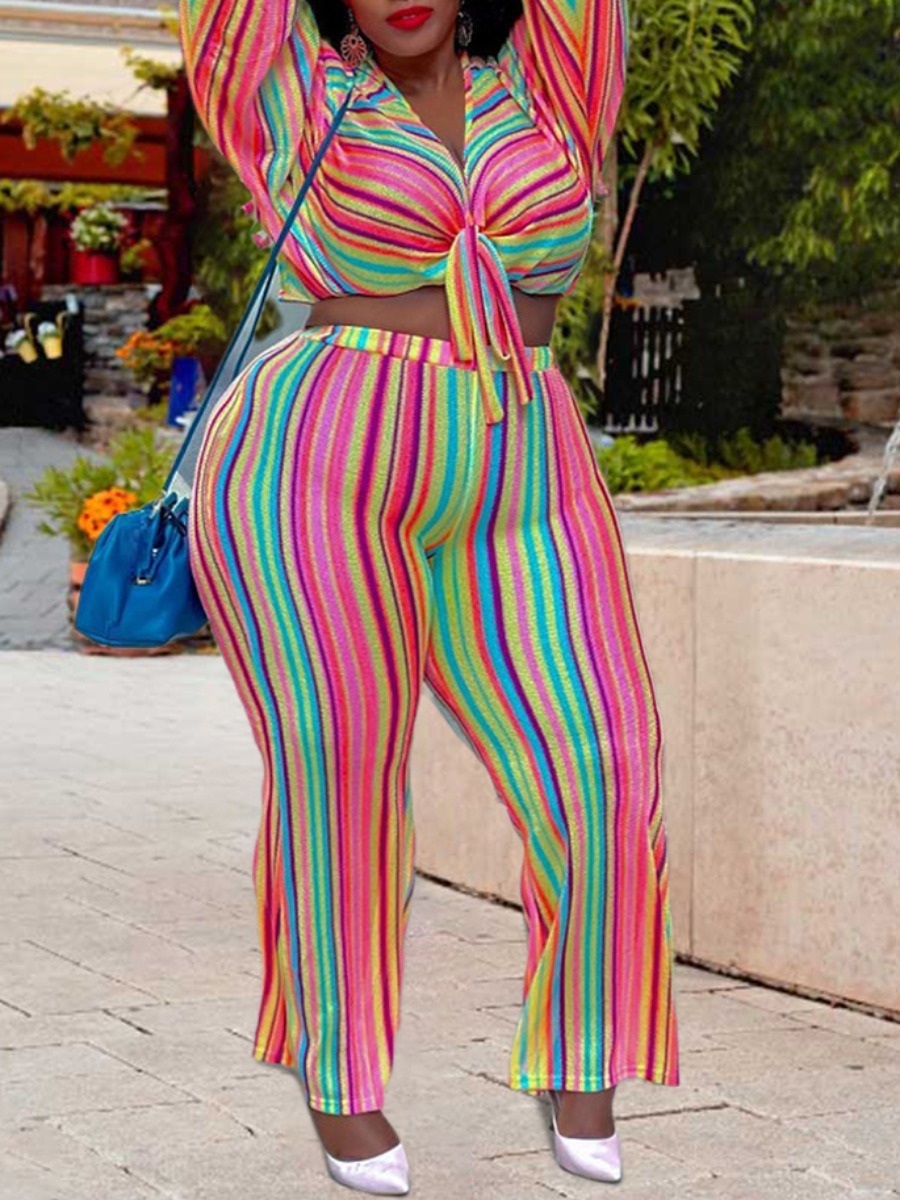 

LW Plus Size Bandage Design Striped Pants Set, Multicolor mstn