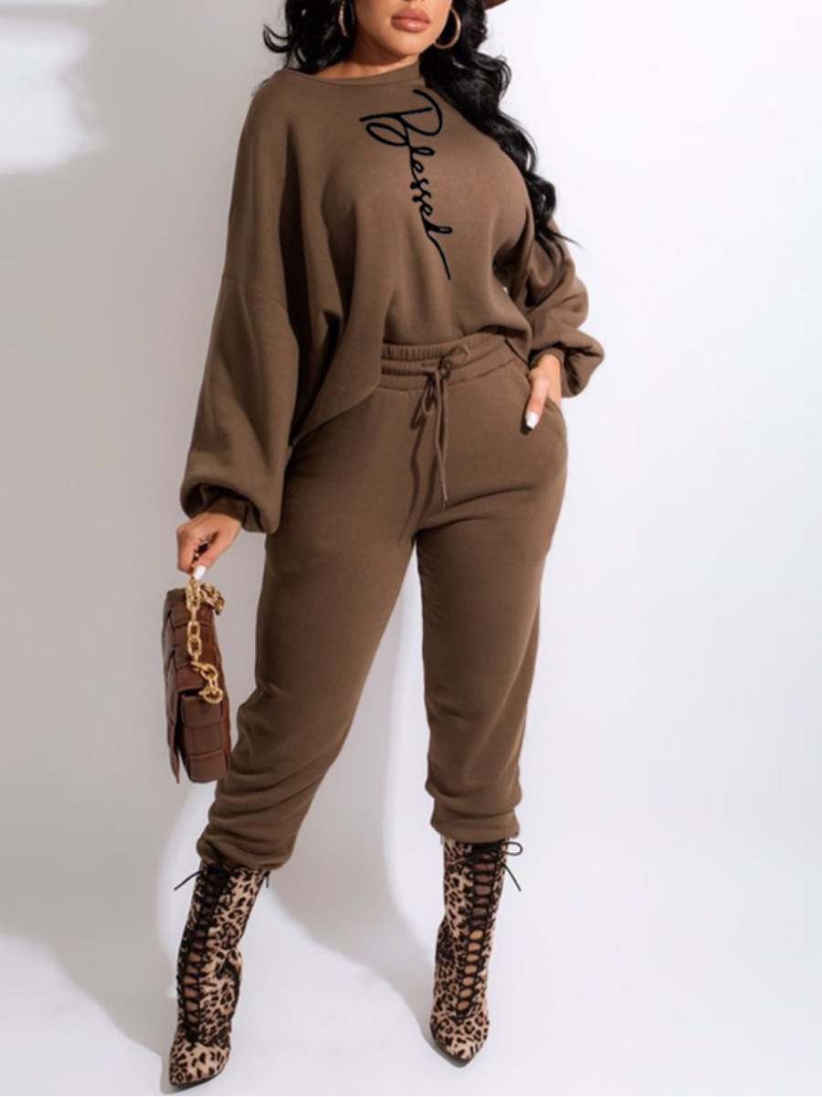 

LW Letter Print Drawstring Tracksuit Set, Brown