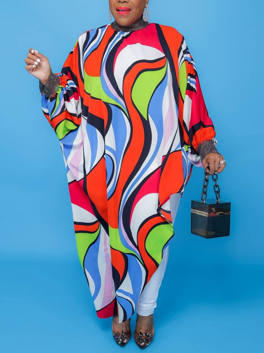

LW Plus Size Batwing Sleeve Mixed Print Dress, Red