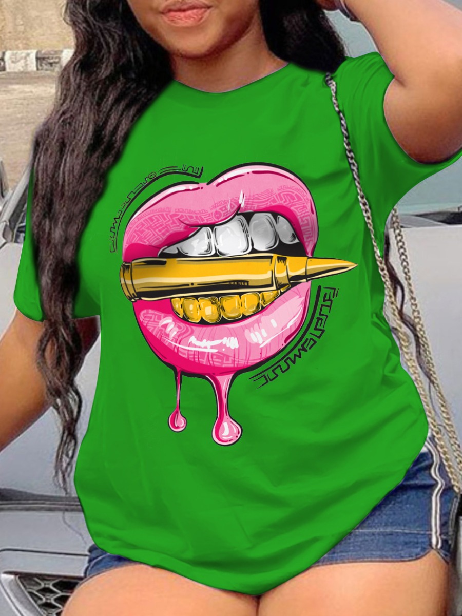 LovelyWholesale Plus Size Lip Letter Print T-shirt Summer Short Sleeve Casual Pattern Round Neck  4X Spring Summer 2024