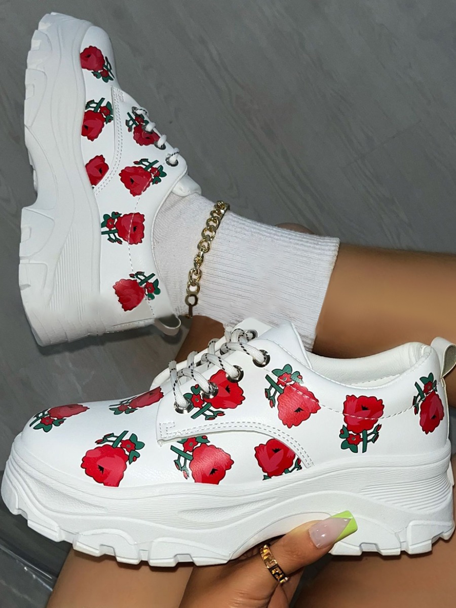 

LW Rose Flower Print Platform Shoes, White