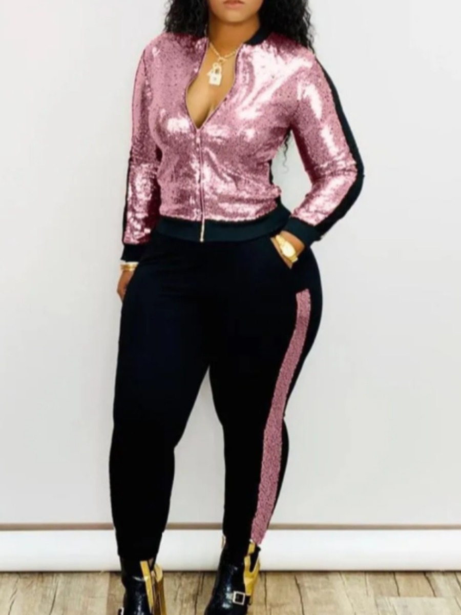 

LW Sequined Striped Pants Set, Pink