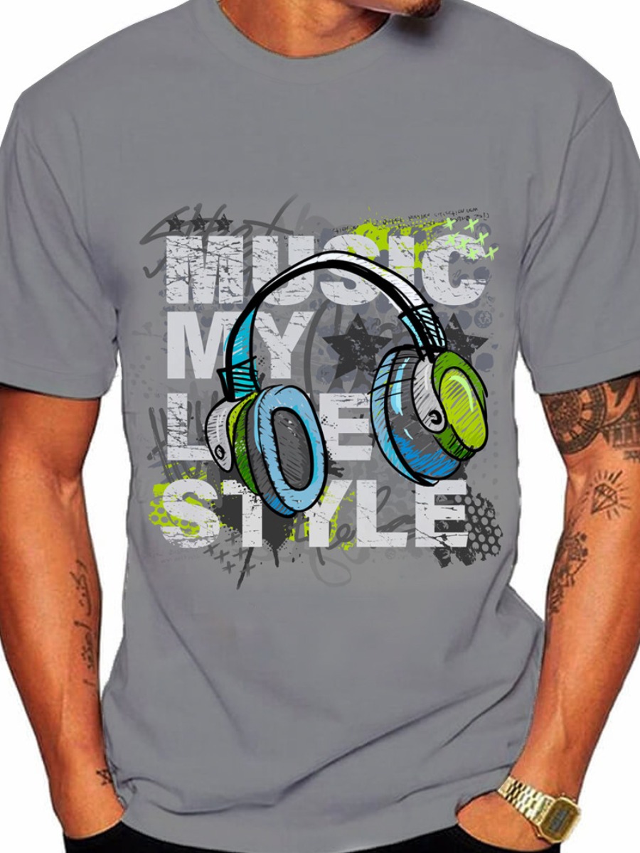 

LW Men Headset Letter Print T-shirt, Grey
