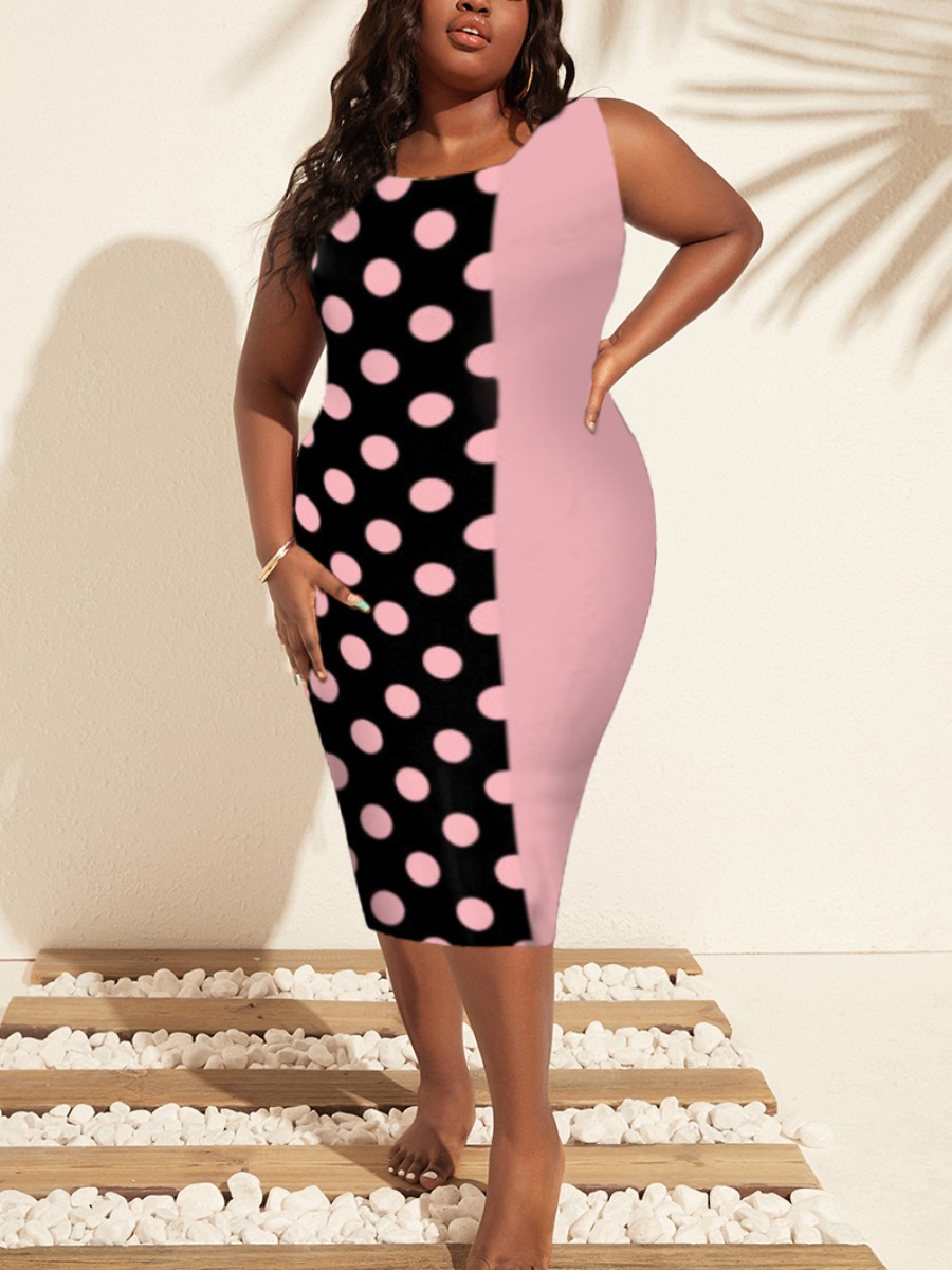 

LW Plus Size Dot Print Patchwork Dress, Dark pink