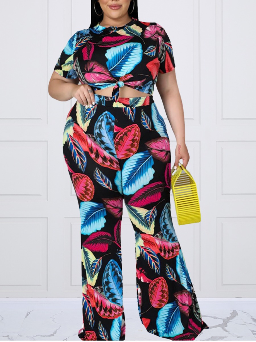 

LW Plus Size Floral Print Flared Pants Set, Red