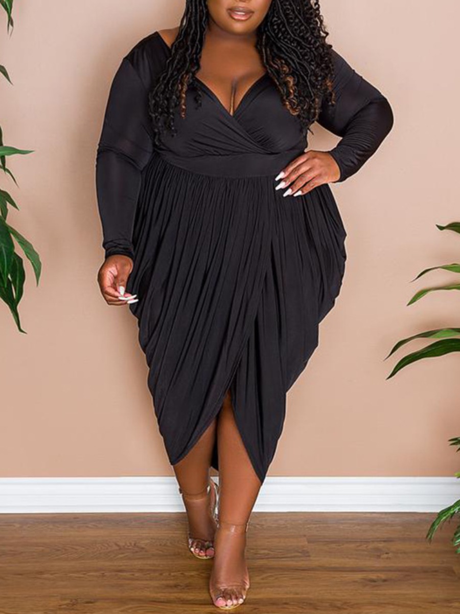 

LW Plus Size V Neck Fold Design Dress, Black