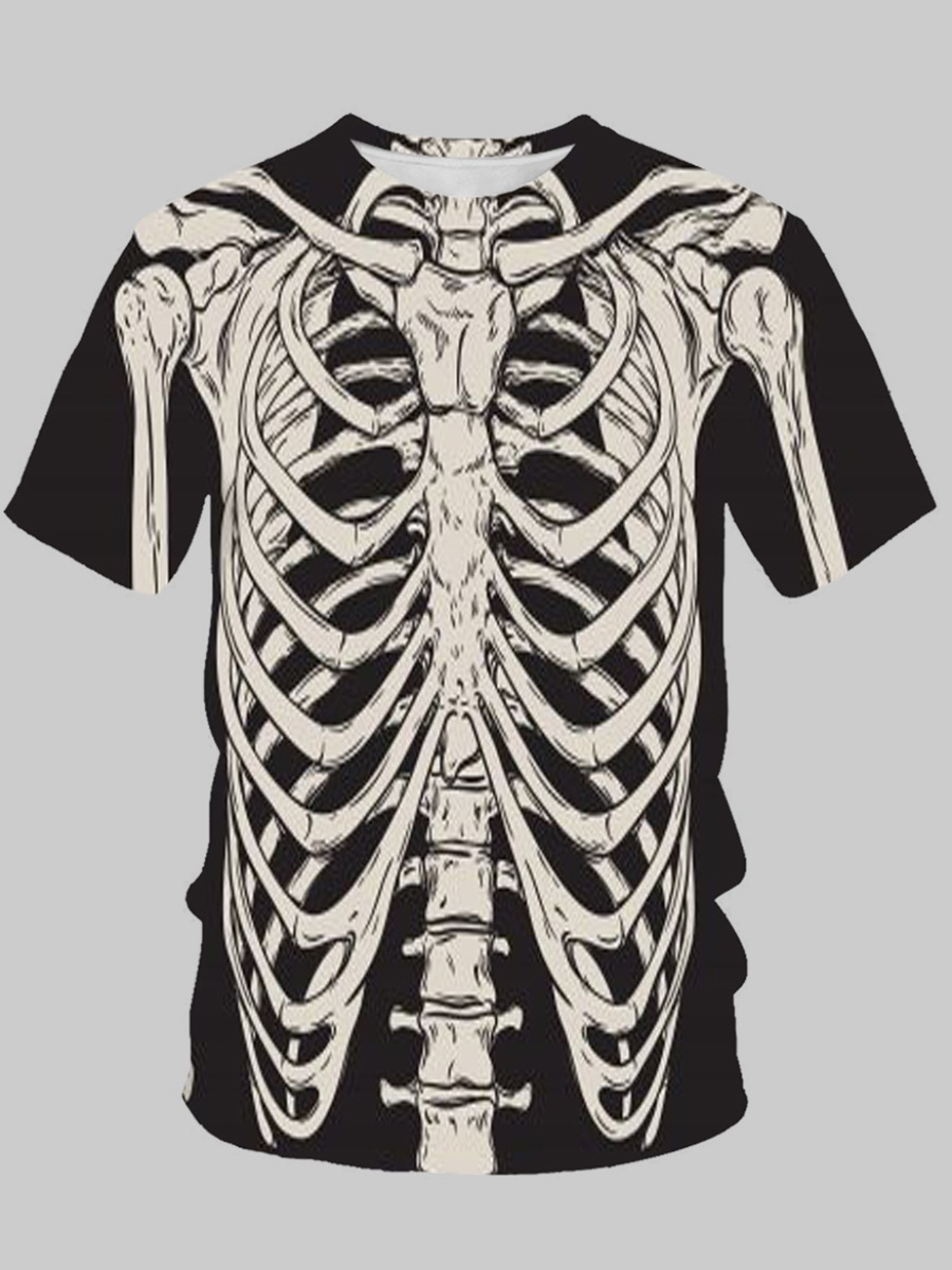 

LW Men Round Neck Skeleton Print T-shirt, Black