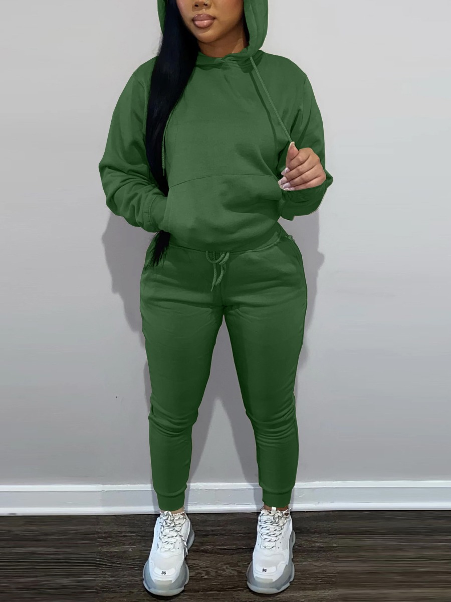 

LW BASICS Kangaroo Pocket Drawstring Tracksuit Set, Green