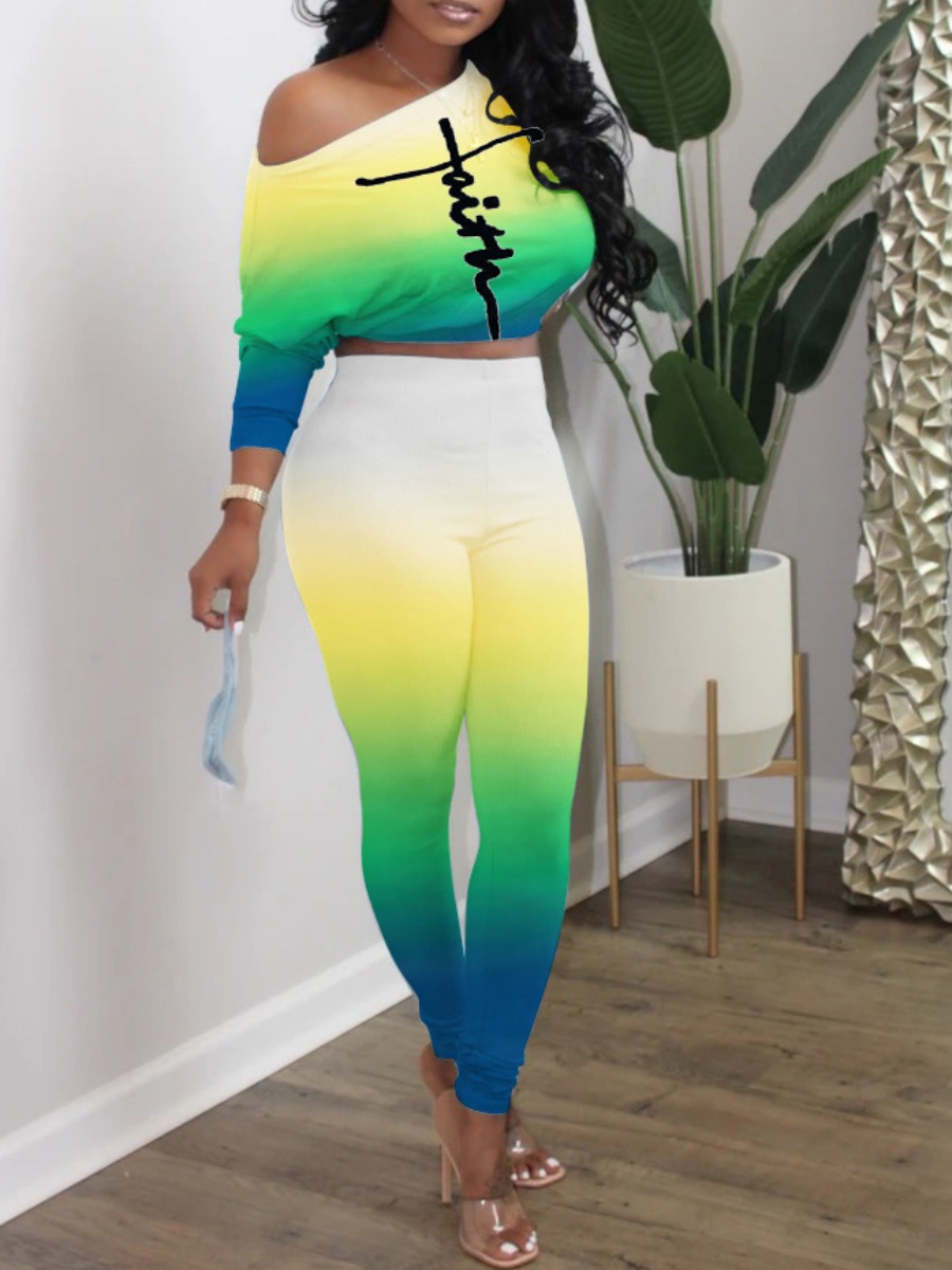 

LW Gradient Letter Print Pants Set, Green