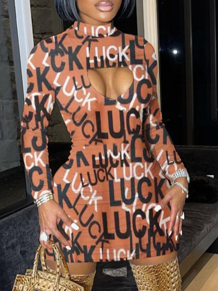 

LW Letter Print Cut Out Bodycon Dress, Brown