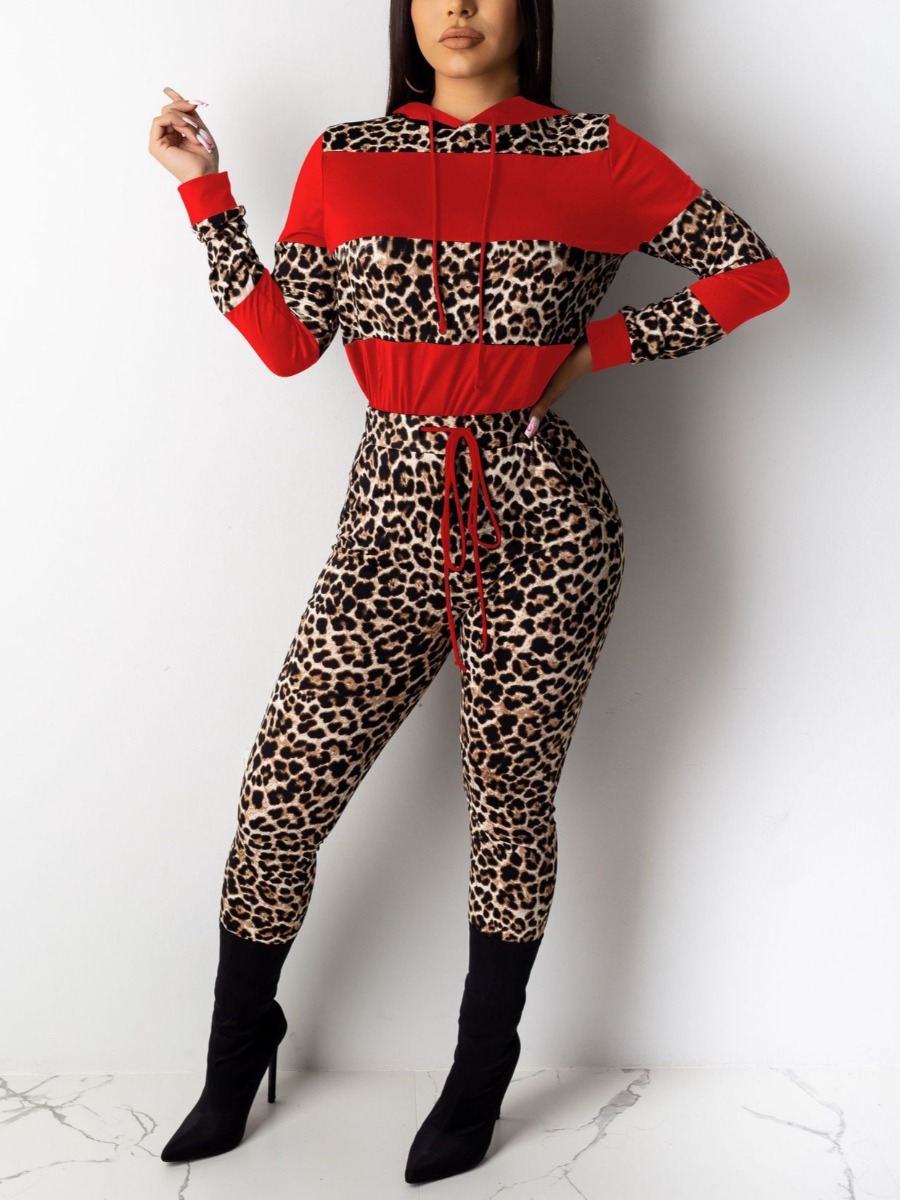 

LW Leopard Print Drawstring Pants Set, Red