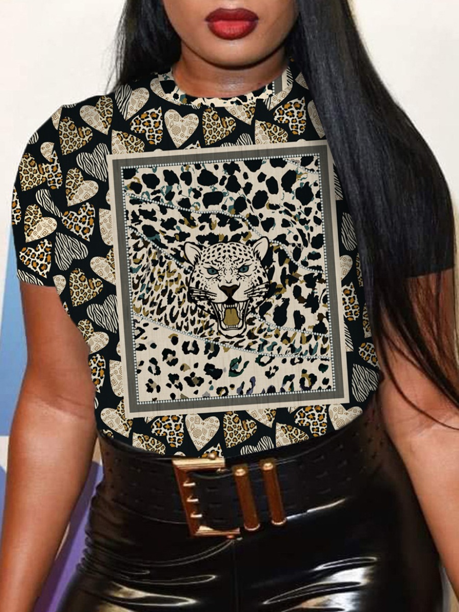 

LW Plus Size Leopard Heart Print T-shirt, Black