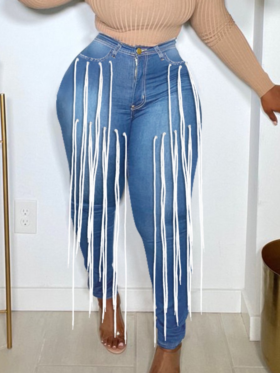 

LW Plus Size High-waisted Tassel Design Jeans, Blue