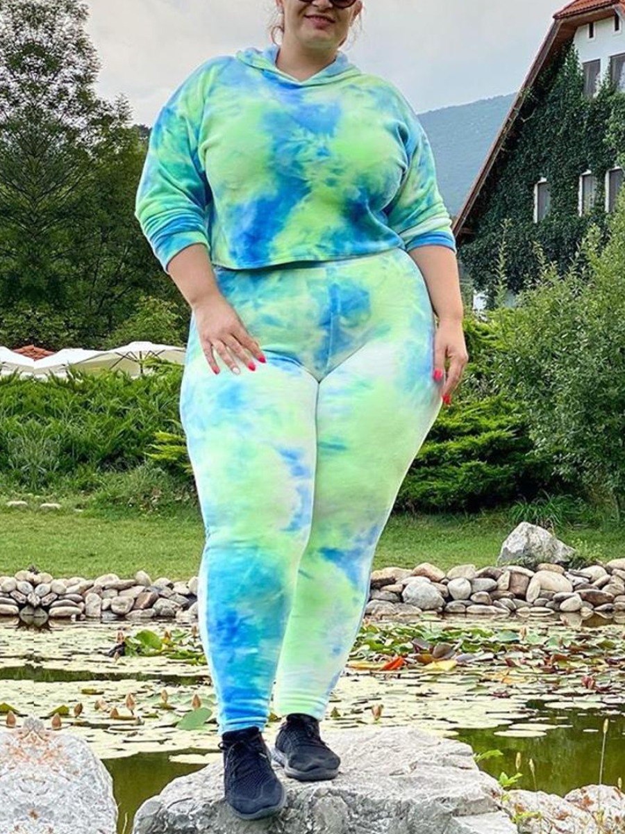 

LW Plus Size Hooded Collar Tie-dye Tracksuit Set, Light green