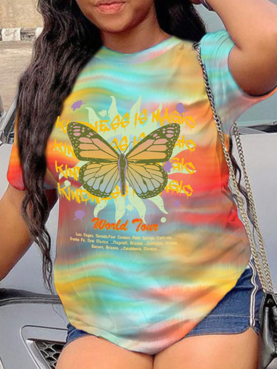 LovelyWholesale Butterfly Print Tie-dye T-shirt Summer Short Sleeve Casual Basic Round Neck Spring Summer 2024