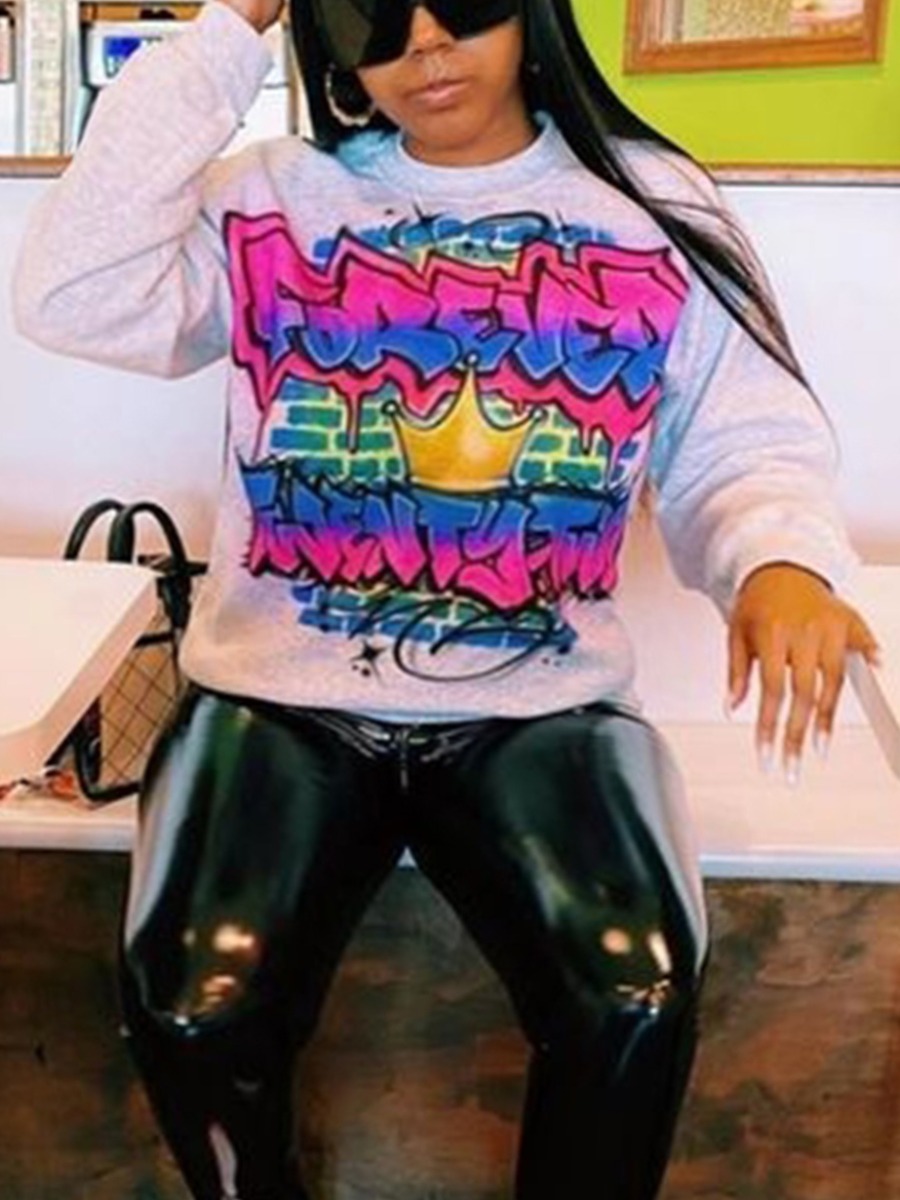 

LW Plus Size Graffiti Letter Print Sweatshirt, Grey